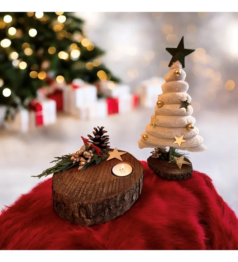 Van Dekoratif Peluş Çam Ağacı ve Kütük Dekoratif Tekli Tealight Mum Siparişi