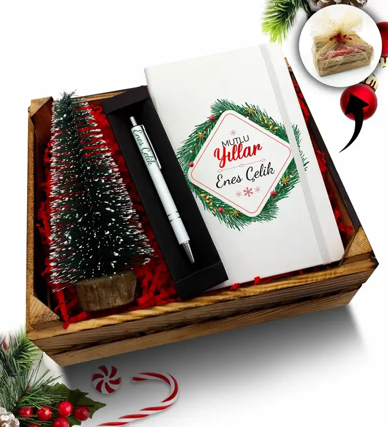 Aksaray Kasa İçerisinde Çam Ağacı & Kişiye Özel Beyaz Defter & Kalem Hediye Seti Siparişi