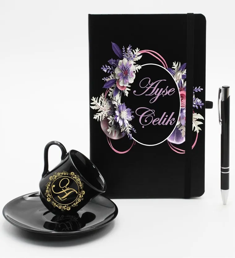 Aksaray Kişiye Özel Ajanda Defter & Siyah Fincan & Roller Kalem Hediye Seti Siparişi