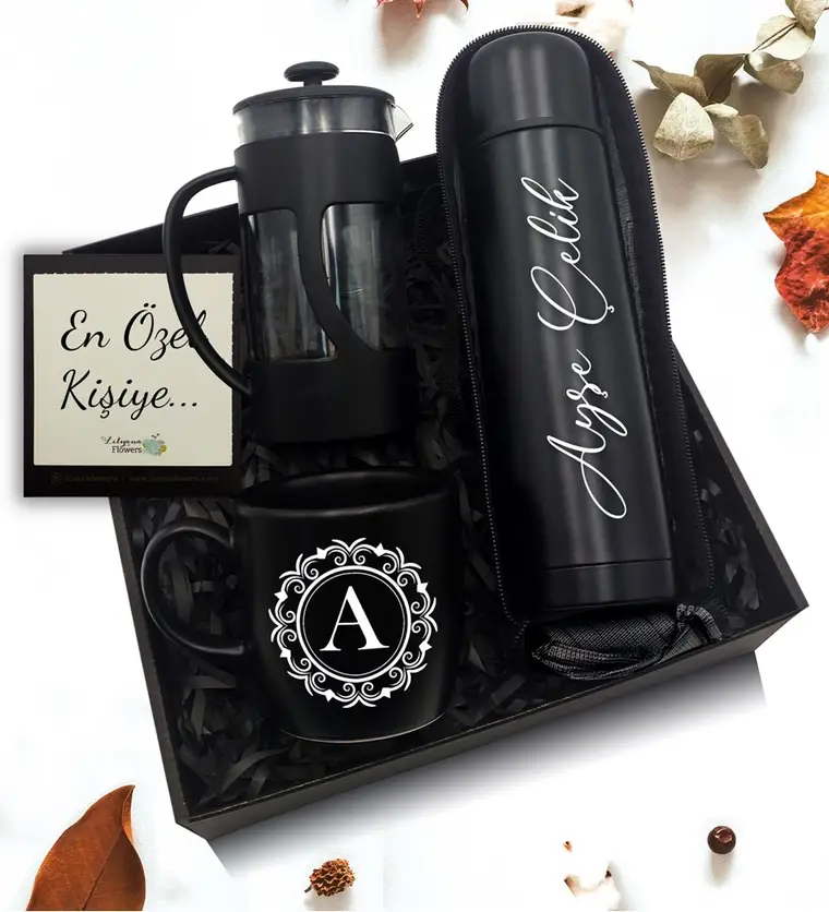 Iğdır Kişiye Özel Deri Kılıflı Termos & Siyah Kupa & French Press Hediye Seti Siparişi