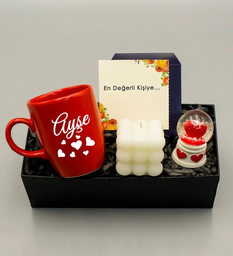 Iğdır Kişiye Özel Kırmızı Kupa & Bubble Mum & Kalp Detaylı Kar Küresi Siparişi