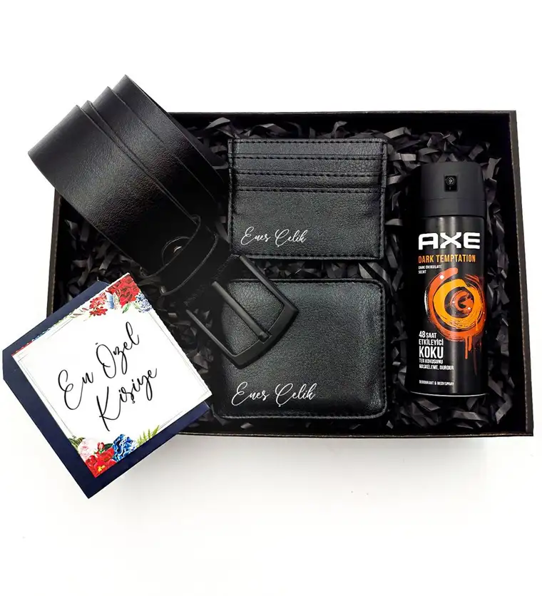 Iğdır Kişiye Özel Siyah Cüzdan & Kartlık & Kemer & AXE Deodorant Hediye Seti Siparişi