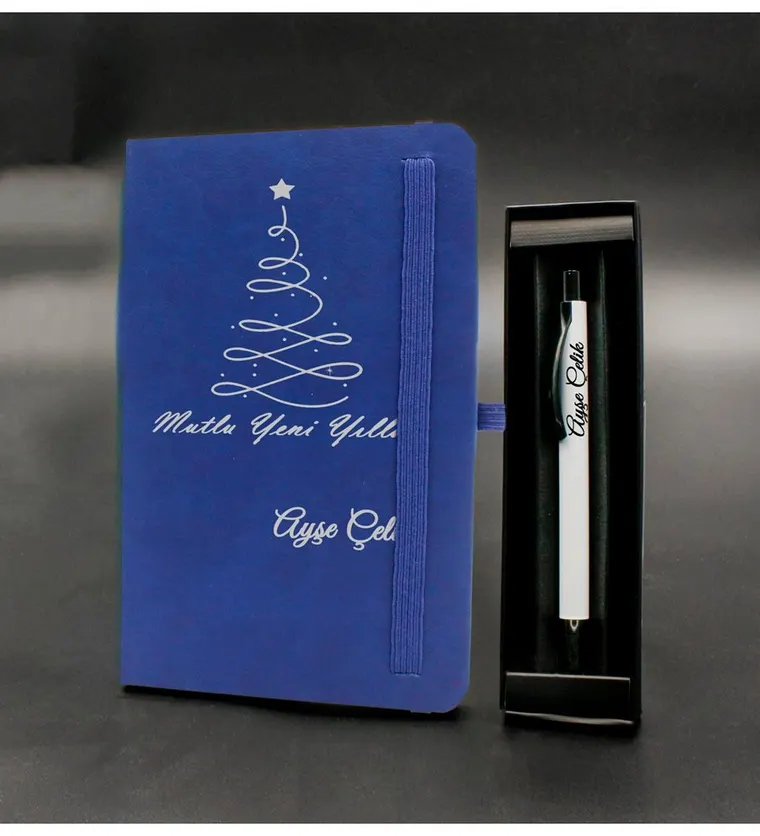 Bartın Kişiye Özel Yılbaşı Temalı Mavi Defter & Beyaz Roller Kalem Siparişi