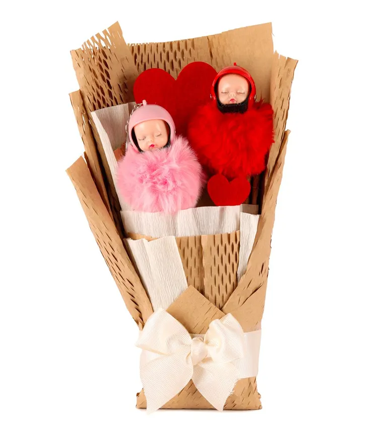 Iğdır Little Kraft Serisi - Sevimli Uyuyan Kırmızı ve Pembe Ponpon Bebek Buketi Siparişi