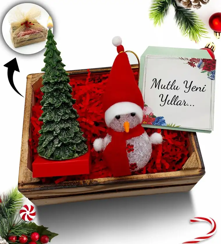 Van Mini Kasa İçerisinde Çam Ağacı Mum & Kardan Adam Hediye Seti Siparişi