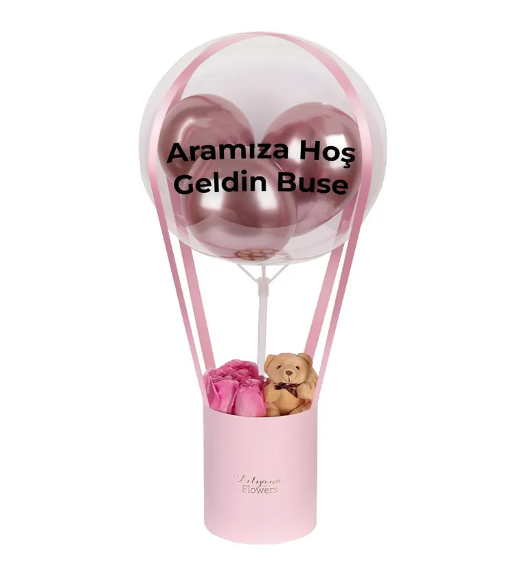 Balonlu Ayıcıklı Pembe Kutuda Pembe Gül - Trabzon çiçek siparişi