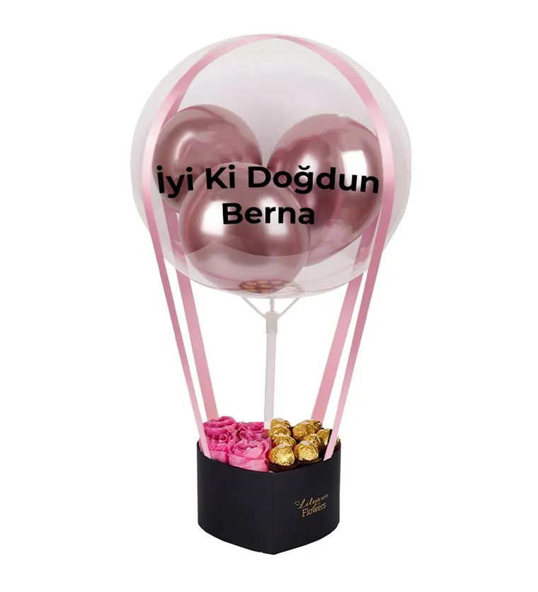 Balonlu Kalpli Çikolatalı Kutuda Pembe Gül - Trabzon çiçek siparişi