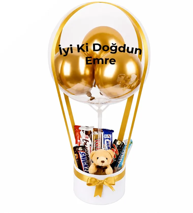 Bitlis Balonlu Peluşlu Çikolata Kutusu Beyaz Gold Siparişi