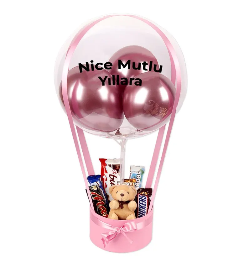 Van Balonlu Peluşlu Çikolata Kutusu Pembe Siparişi