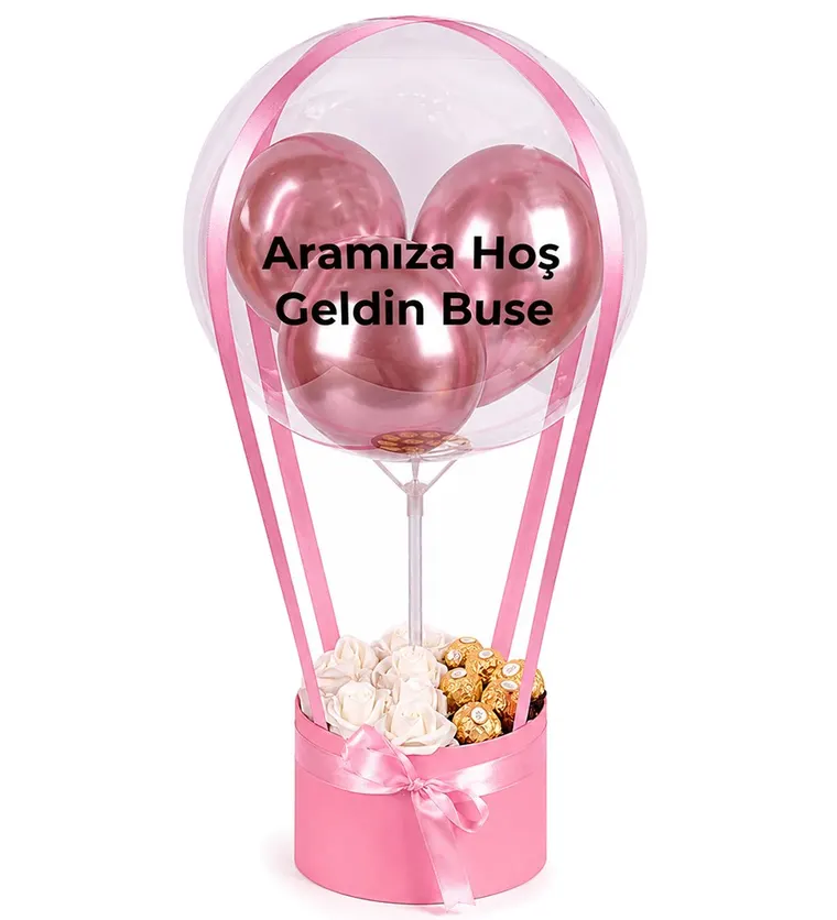 Balonlu Yuvarlak Pembe Kutuda Çikolatalı Yapay Beyaz Gül - Bingöl çiçek siparişi