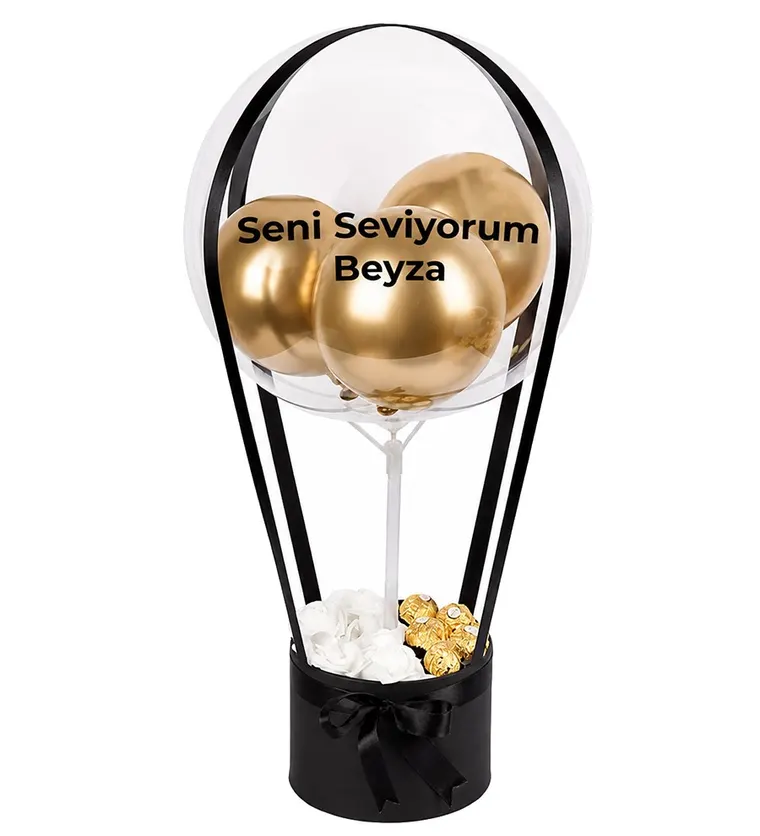 Balonlu Yuvarlak Siyah Kutuda Çikolatalı Yapay Beyaz Gül - Bingöl çiçek siparişi