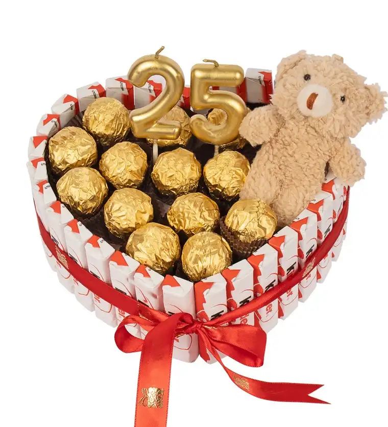 Iğdır Kinder Kaplı Kalp Gold Fındıklı Çikolata Peluşlu Mumlu Siparişi