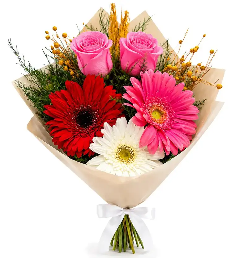 Bitlis Pembe Gül ve Renkli Gerbera Buketi Siparişi